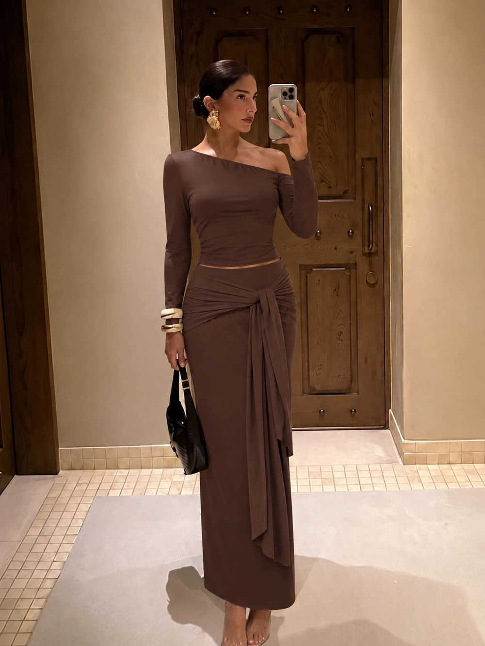 Zara Maillard Style One Shoulder Fitted Crop Top and Flowing Long Skirt 2-Piece